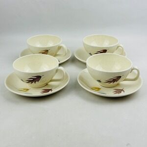 Franciscan Autumn Flat Cup & Saucer Set of 4 Speckled Leaves Vintage MCM